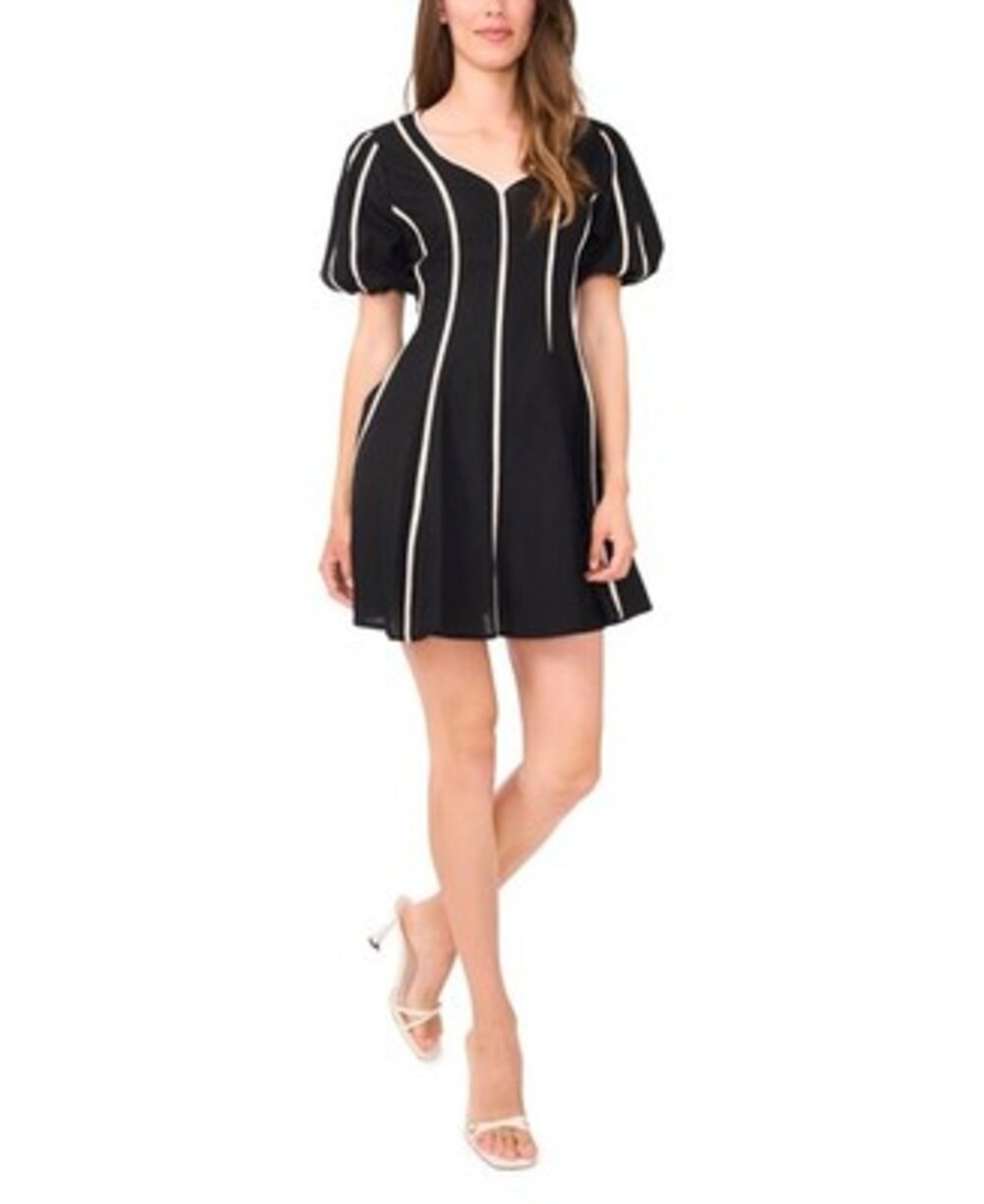 1.STATE Linen-Blend Piped Short-Sleeve Fit & Flare Dress Women's Large Black